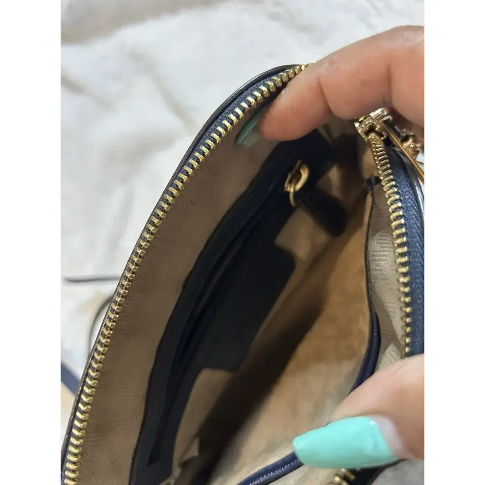 Michael Kors Blue Saffiano Leather Dome Crossbody Bag Silver Chain Strap